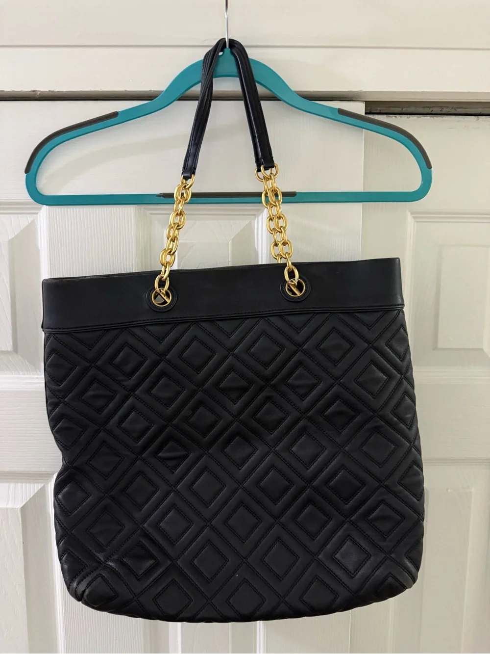 Tory Burch Black Quilted Leather Tote with Gold Chain Straps